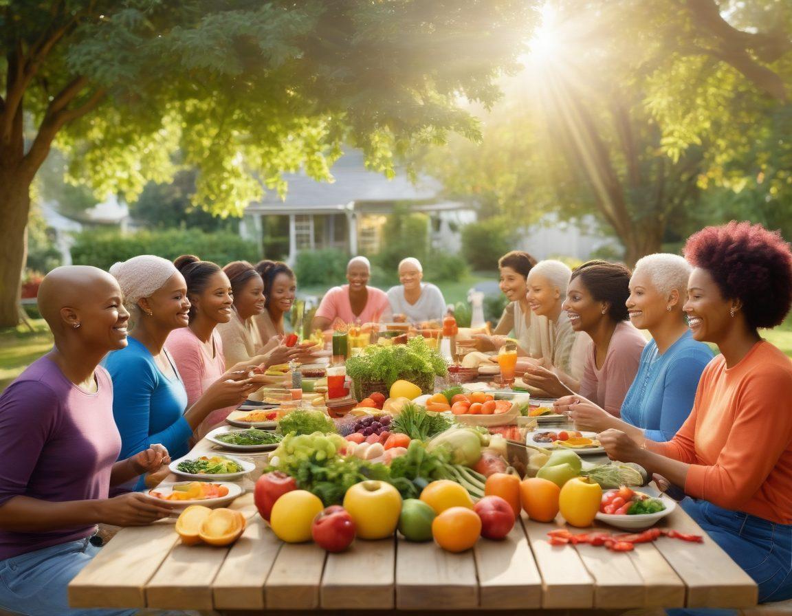 A serene scene depicting a diverse group of cancer warriors sharing healthy meals together, surrounded by nature. Include vibrant fruits and vegetables on a picnic table, laughter, and supportive gestures among friends. Soft sunlight filters through leaves, enhancing the atmosphere of community and hope. Incorporate symbols of health, such as leafy greens and wellness books. super-realistic. vibrant colors. peaceful background.