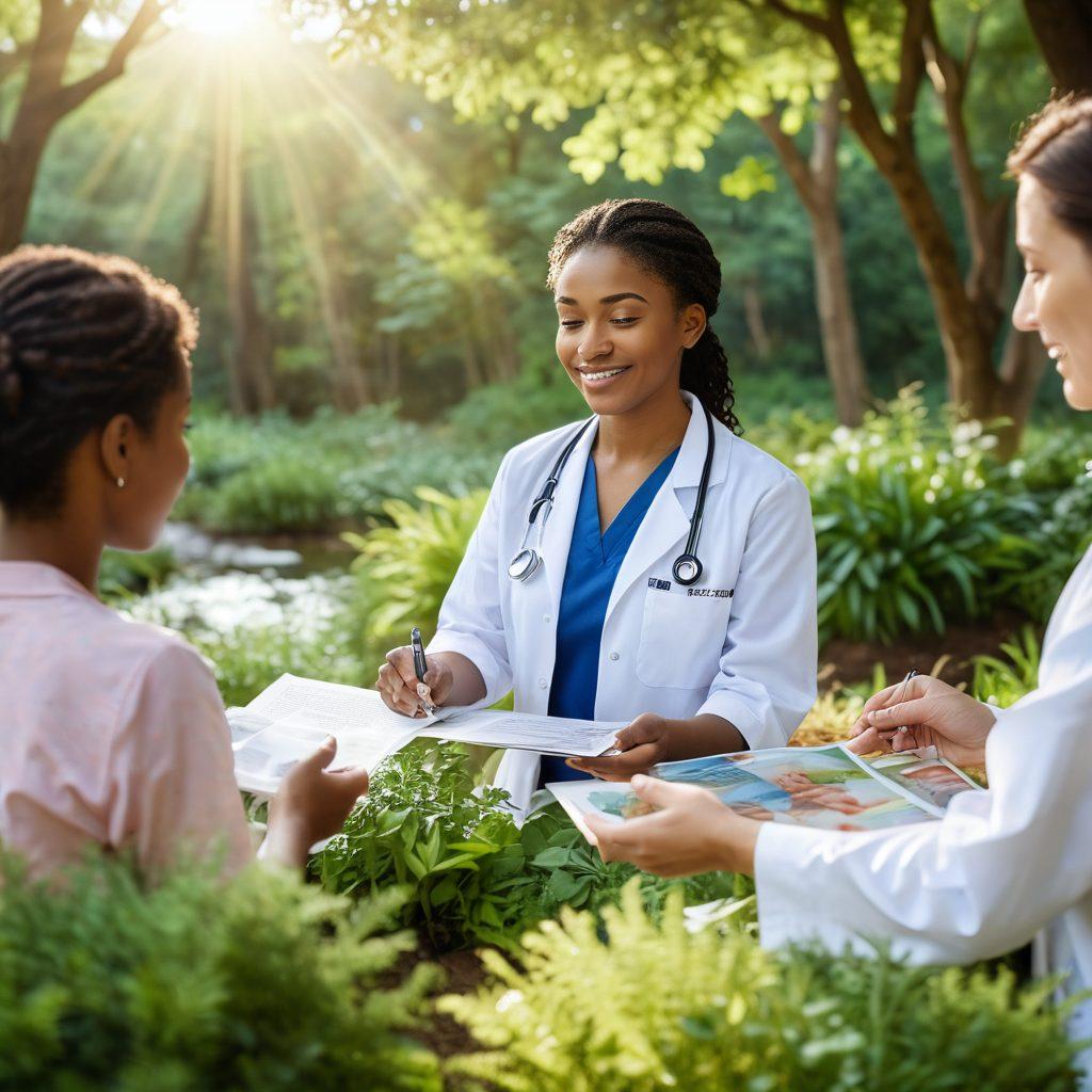 A compassionate healthcare professional guiding a diverse group of patients through a serene landscape filled with supportive community symbols like hands, hearts, and information brochures. The setting includes elements of nature suggesting healing, such as greenery and sunlight. The atmosphere conveys hope, understanding, and empowerment. super-realistic. vibrant colors. soft focus.